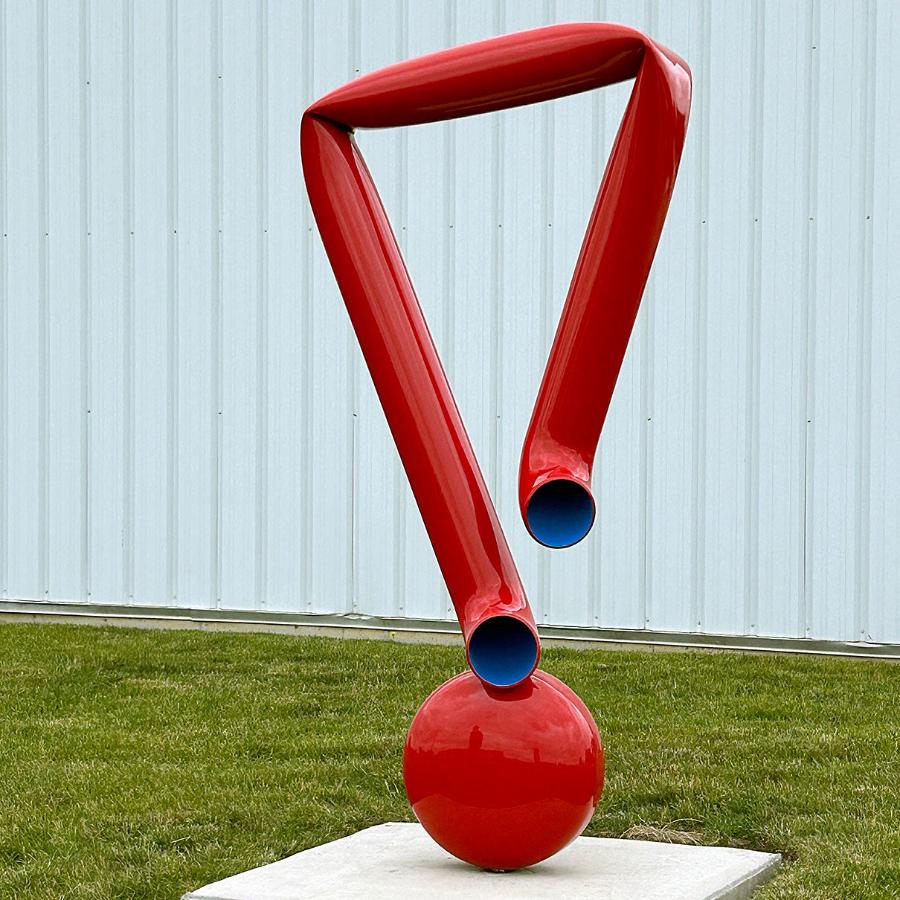 Red Pipe Blue Dot. 8' Steel Sculpture by Bret Price.