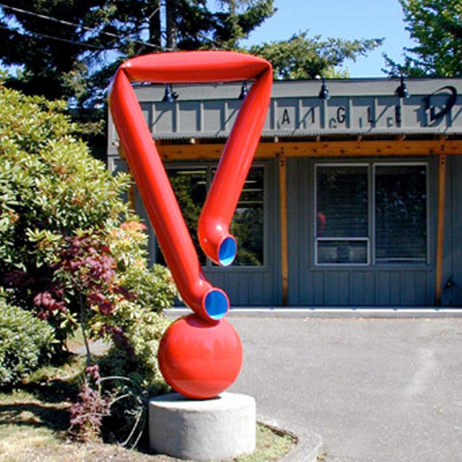 Red Pipe Blue Dot. 8' Steel Sculpture by Bret Price.