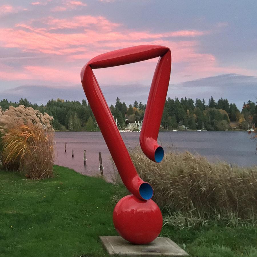 Red Pipe Blue Dot. 8' Steel Sculpture by Bret Price.