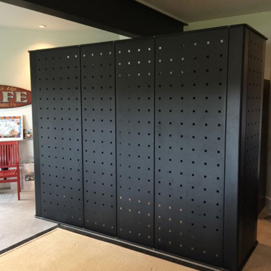 Black metal panels for freestanding or wall display in multiple configurations.